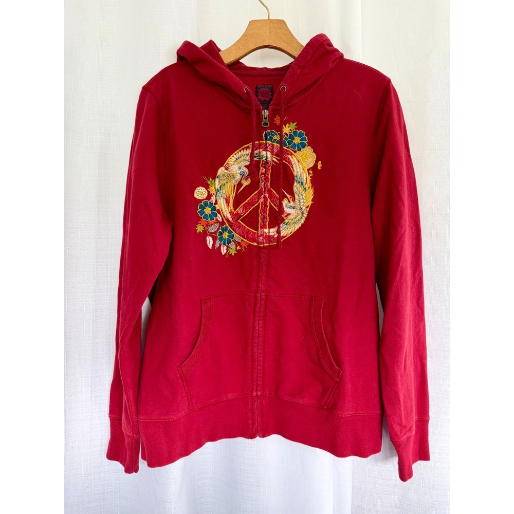 Lucky Brand Y2K Zip Up Hoodie Embroidered Peace Sign Crane Floral Red Womens XL